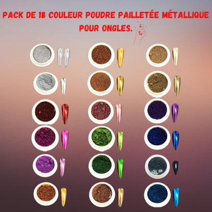 Pack de 18 couleur poudre pailletée métallique pour ongles.
