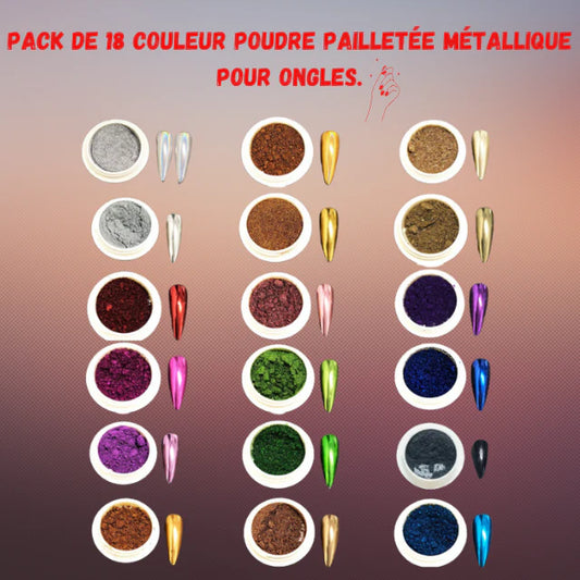 Pack de 18 couleur poudre pailletée métallique pour ongles.
