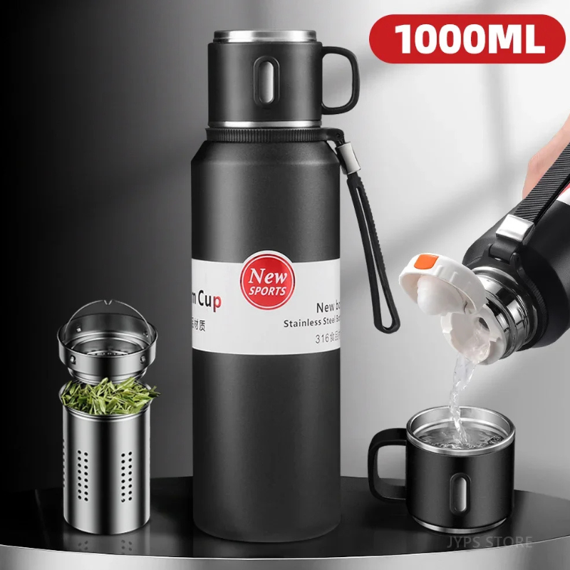 Thermos 1000 ML à une passoire interne et un couvercle en forme de tasse.