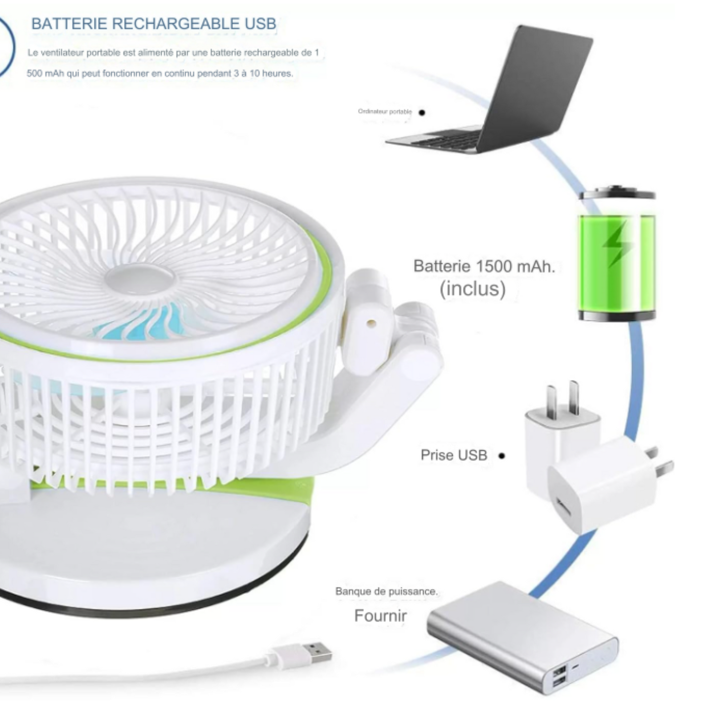 Mini ventilateur pliable portable avec lumière LED.