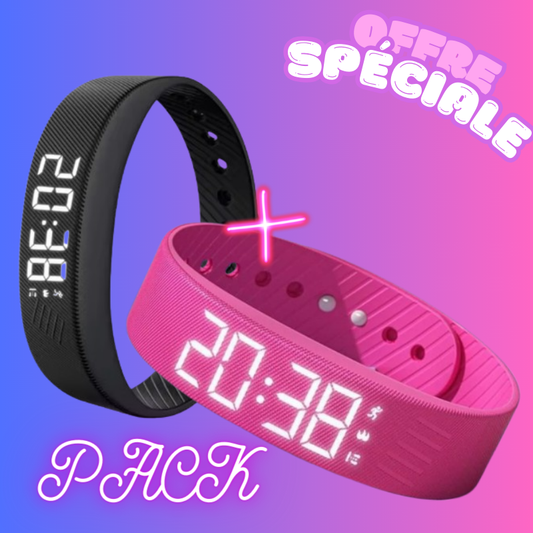 Pack de deux bracelets de sport intelligents pour homme et femme.