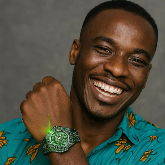 Montre de luxe hip-hop pour homme avec strass verts.